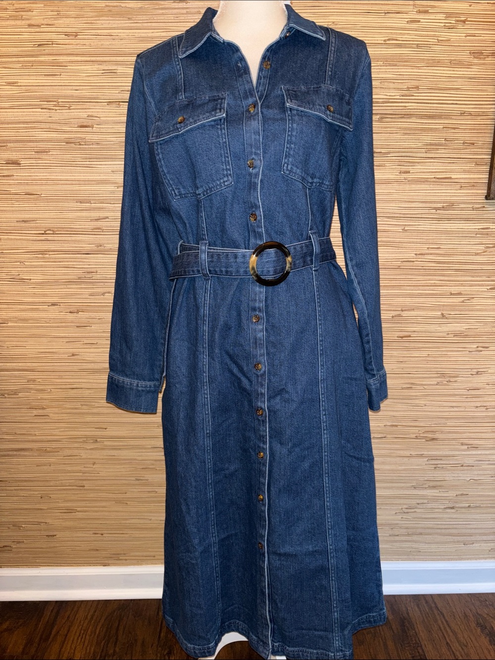 Lands’ End medium Classic Dark Blue Denim Shirt Dress with pockets & Belt nwt!
